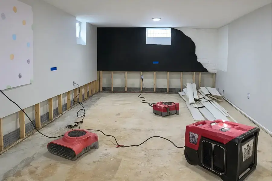 Red air movers and a dehumidifier in a room with the lower drywall removed, a typical drying setup for water damage in Catoosa, OK