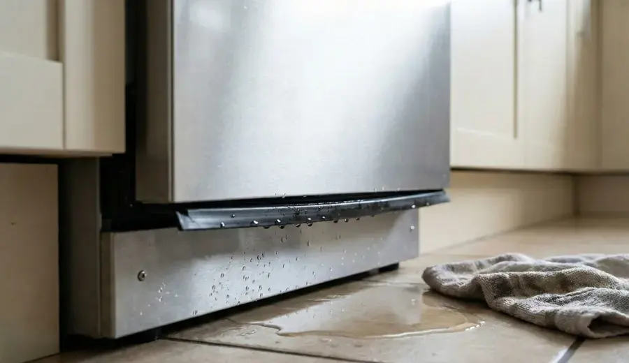 Water pooled under a dishwasher with a towel on the kitchen floor, an appliance supply leak in an Owasso kitchen