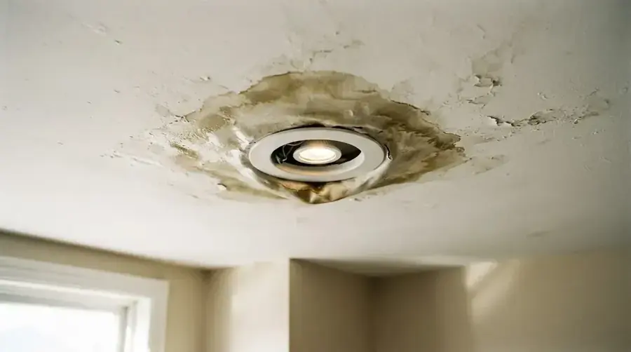 A brown water stain spreading around a recessed ceiling light, ceiling leak water damage near wiring in Owasso