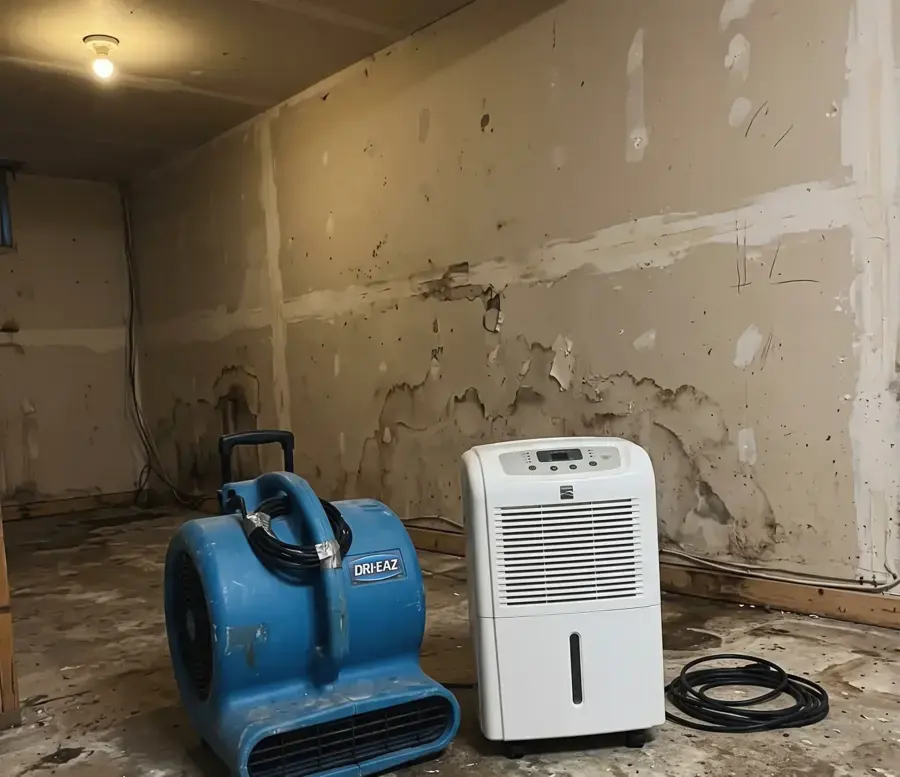 An air mover and a dehumidifier drying a room with the lower drywall removed, structural drying in Owasso